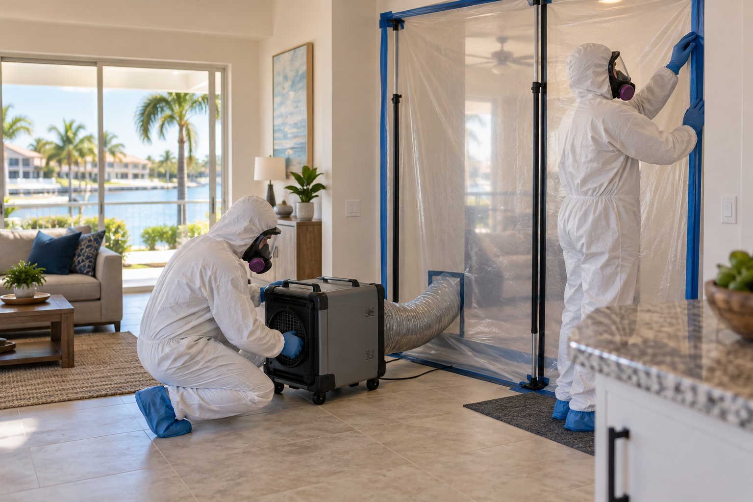 Biohazard remediation team setting up containment and negative air equipment in a Southwest Florida home