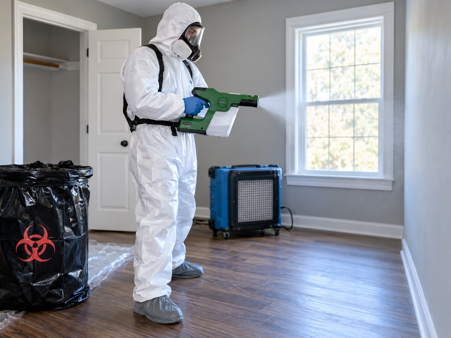 Protective-equipment technician performing professional decontamination in an empty room