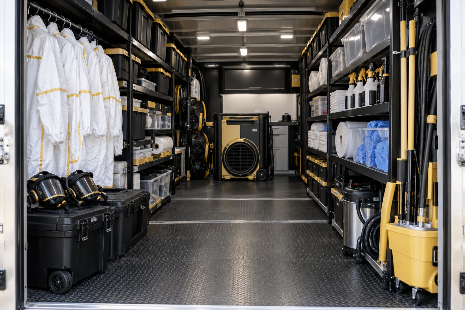 Organized biohazard response trailer with protective equipment and commercial cleaning tools